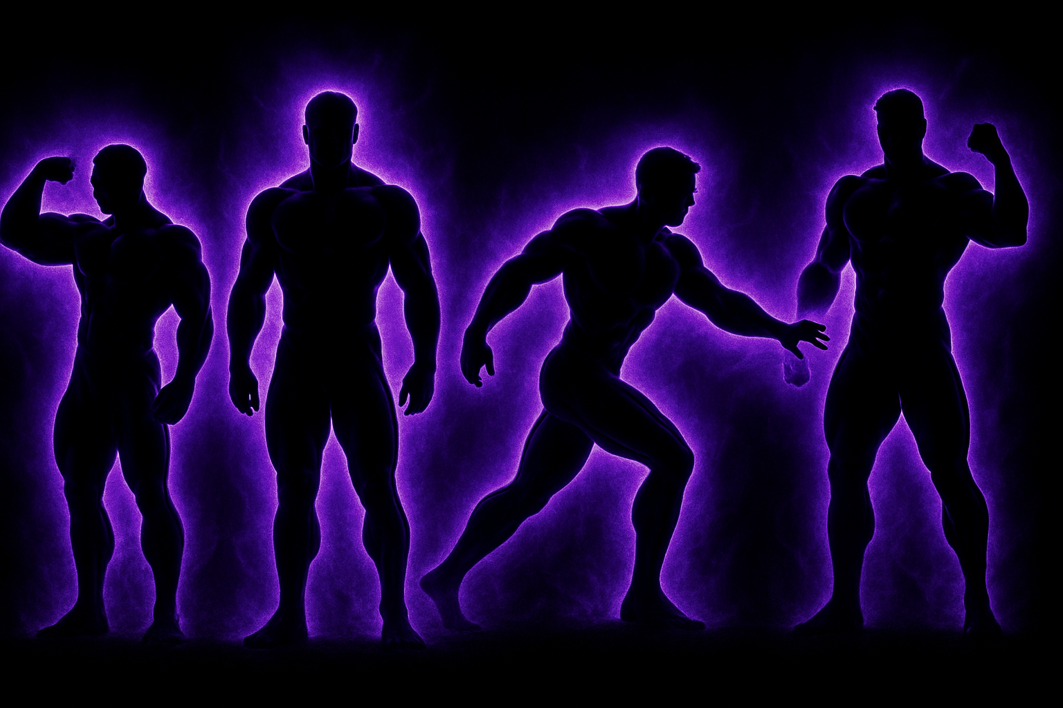 muscular silhouettes on an all black page emitting a purple aura
